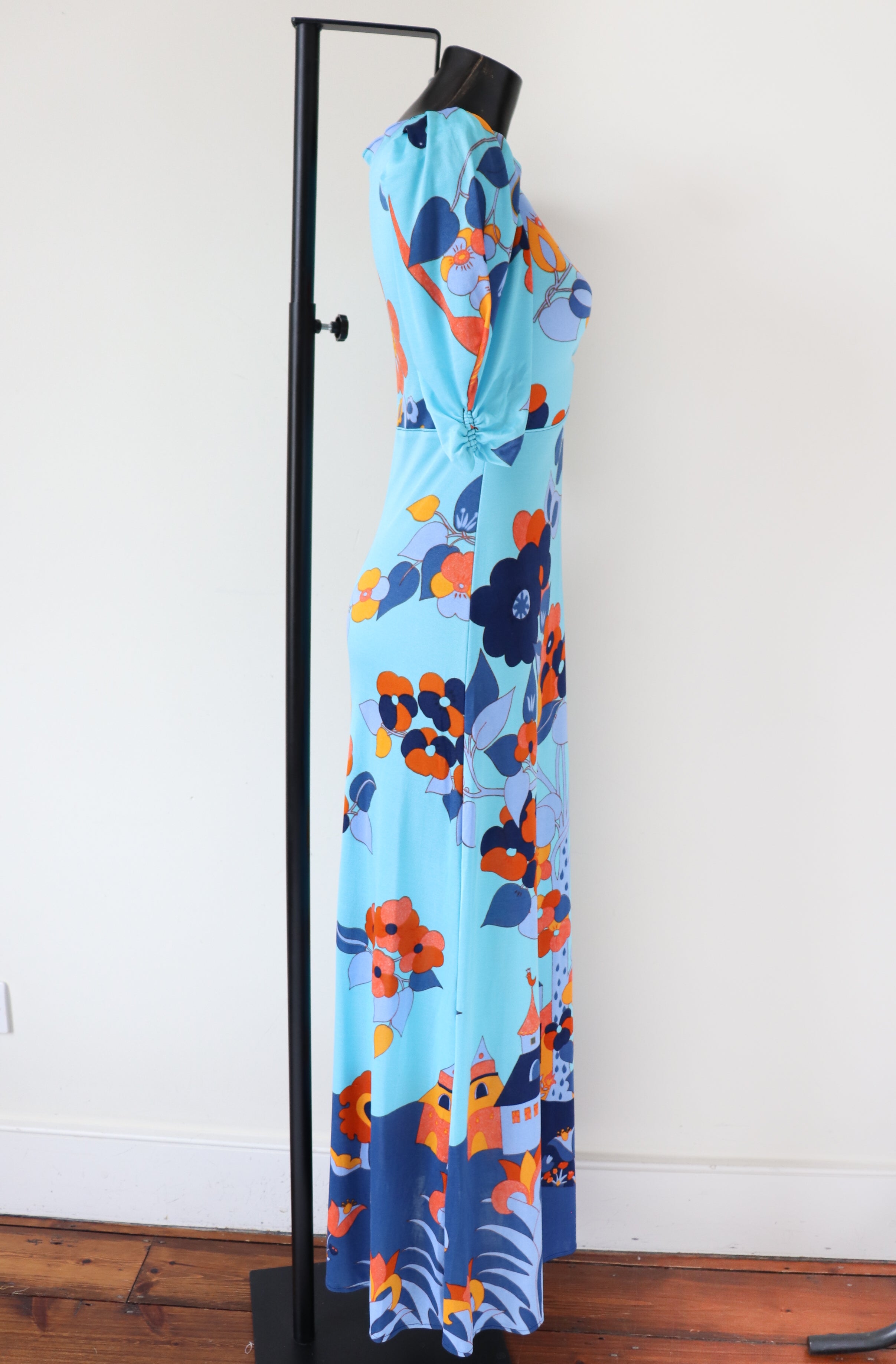 Vintage Maxi Dress 1970s - J Bancroft - Turquoise Blue Polyamide - S / UK 10