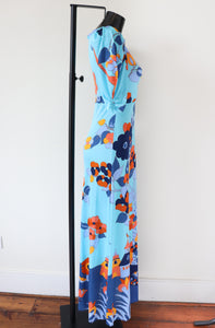Vintage Maxi Dress 1970s - J Bancroft - Turquoise Blue Polyamide - S / UK 10