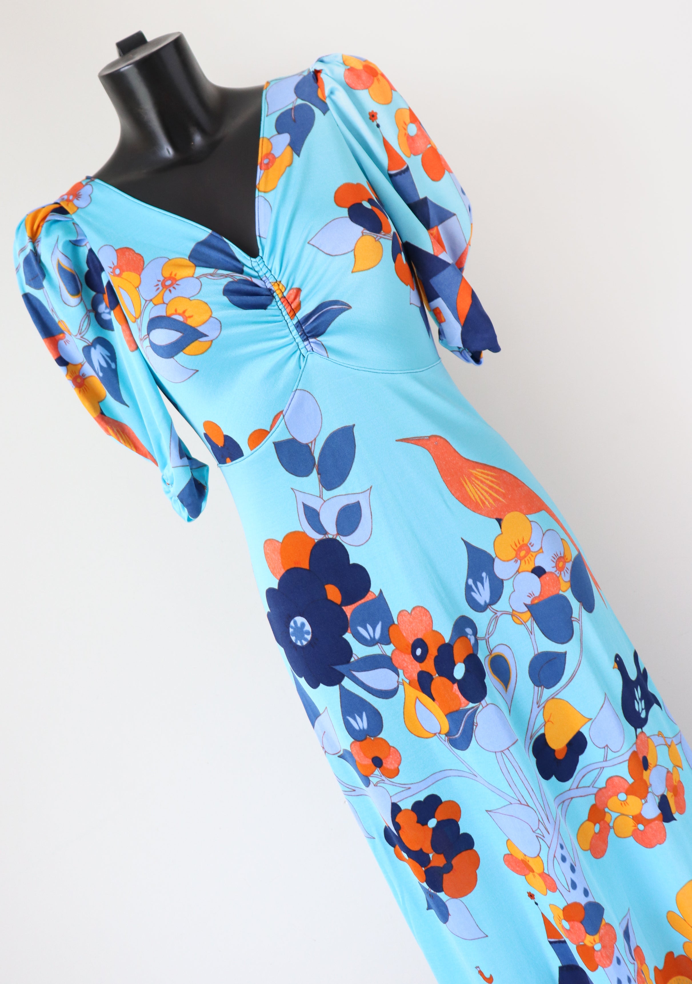Vintage Maxi Dress 1970s - J Bancroft - Turquoise Blue Polyamide - S / UK 10