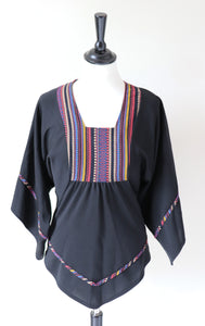 Vintage Hippie Top - 1970s - Black Polyester - Canda - XXS / UK 6