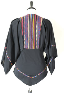 Vintage Hippie Top - 1970s - Black Polyester - Canda - XXS / UK 6