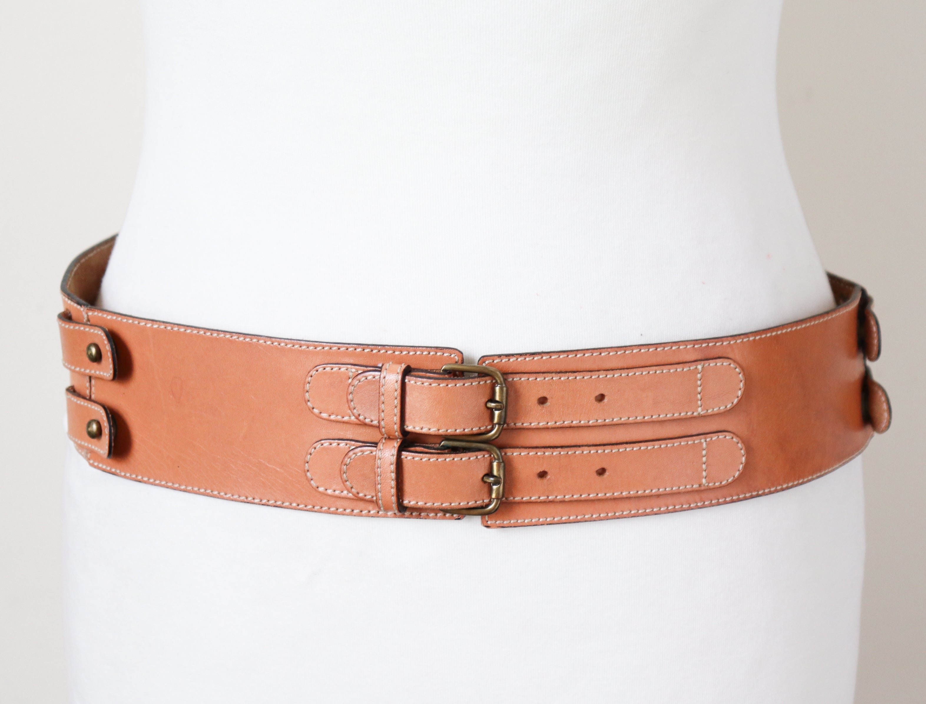 Leather Corset Vintage Belt - Light Tan Brown - 1990s - Small