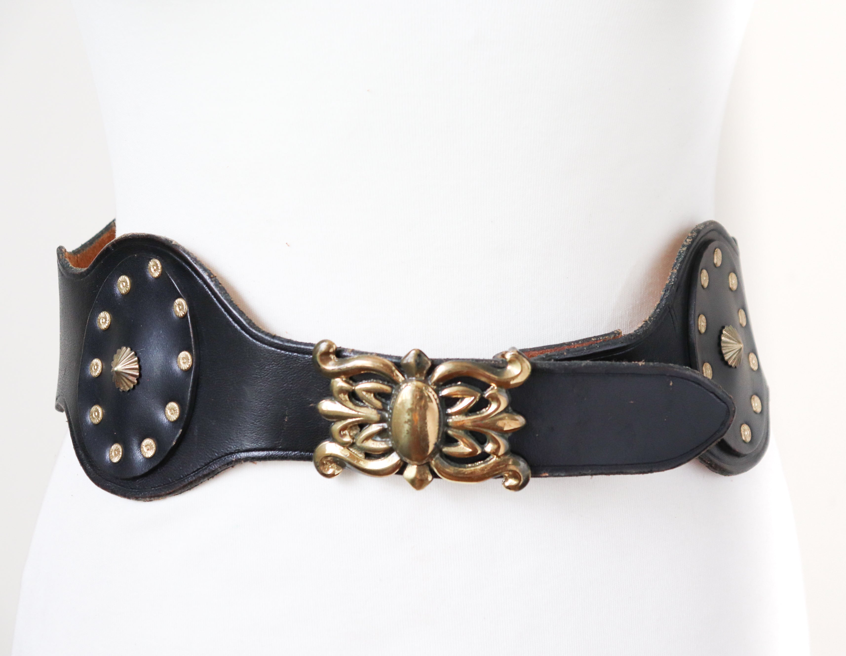 Studded Leather Corset Belt - Black - Vintage 1980s - Pitti Style - XS / Small