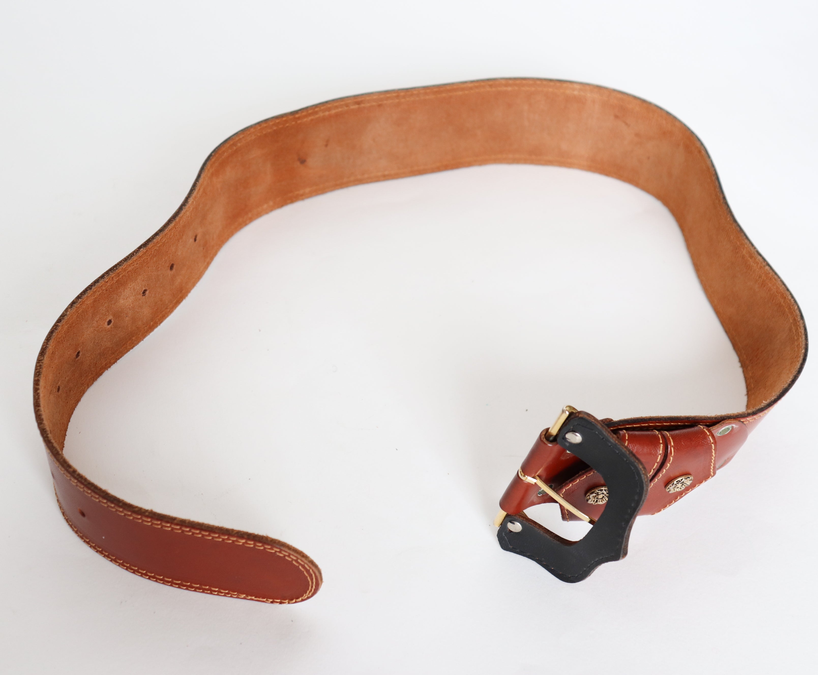 Wide Tan Leather  Vintage Belt - Brown - Waist / Hip - M / L