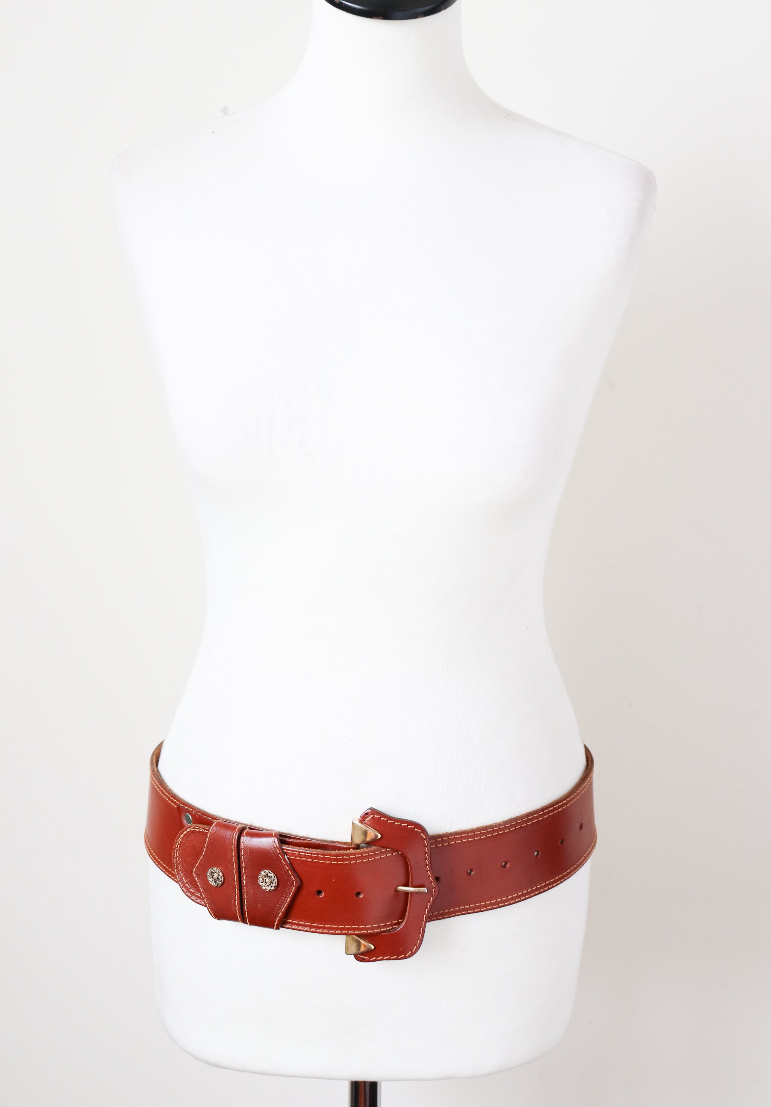 Wide Tan Leather  Vintage Belt - Brown - Waist / Hip - M / L