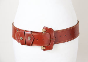 Wide Tan Leather  Vintage Belt - Brown - Waist / Hip - M / L
