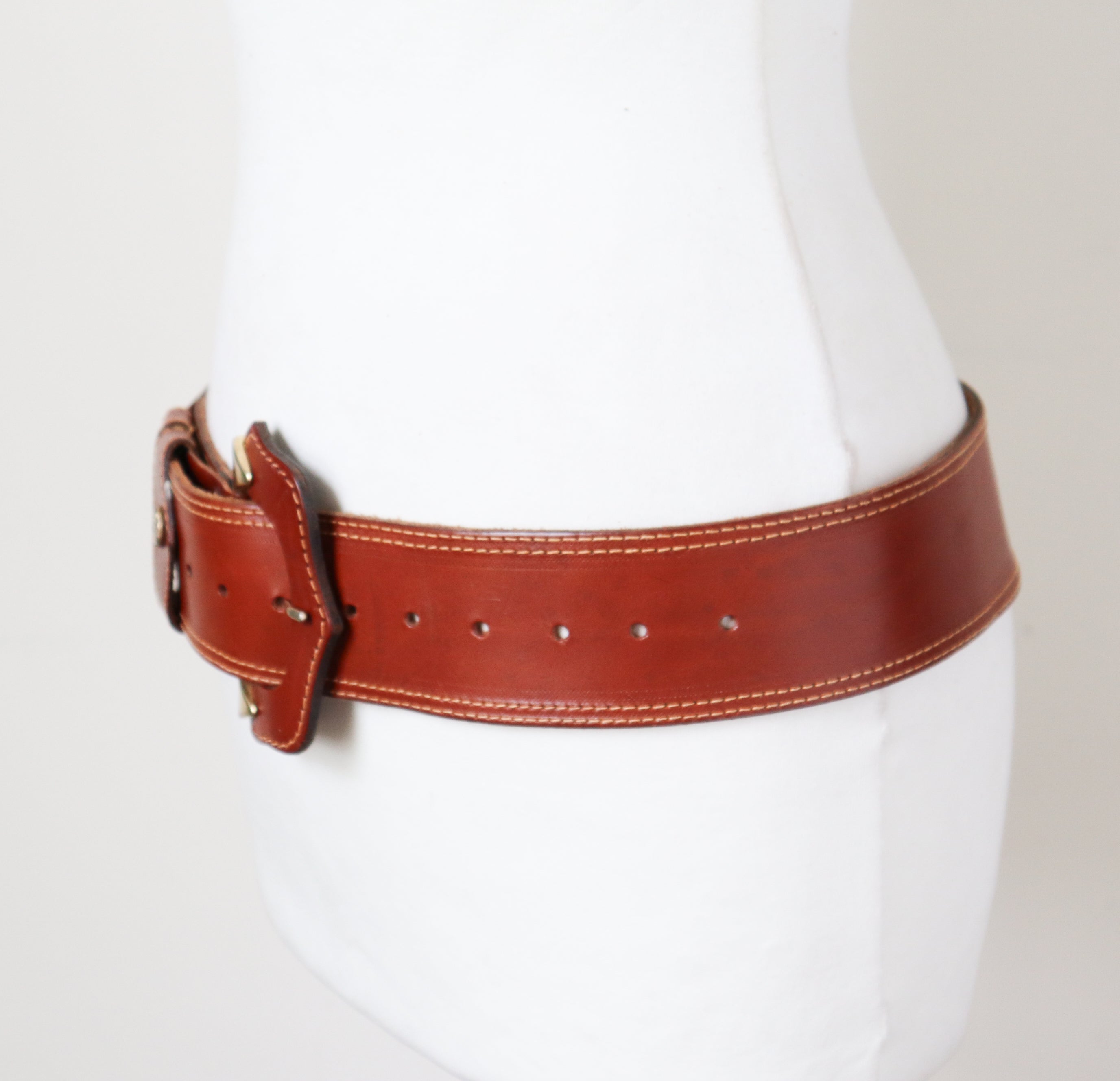 Wide Tan Leather  Vintage Belt - Brown - Waist / Hip - M / L