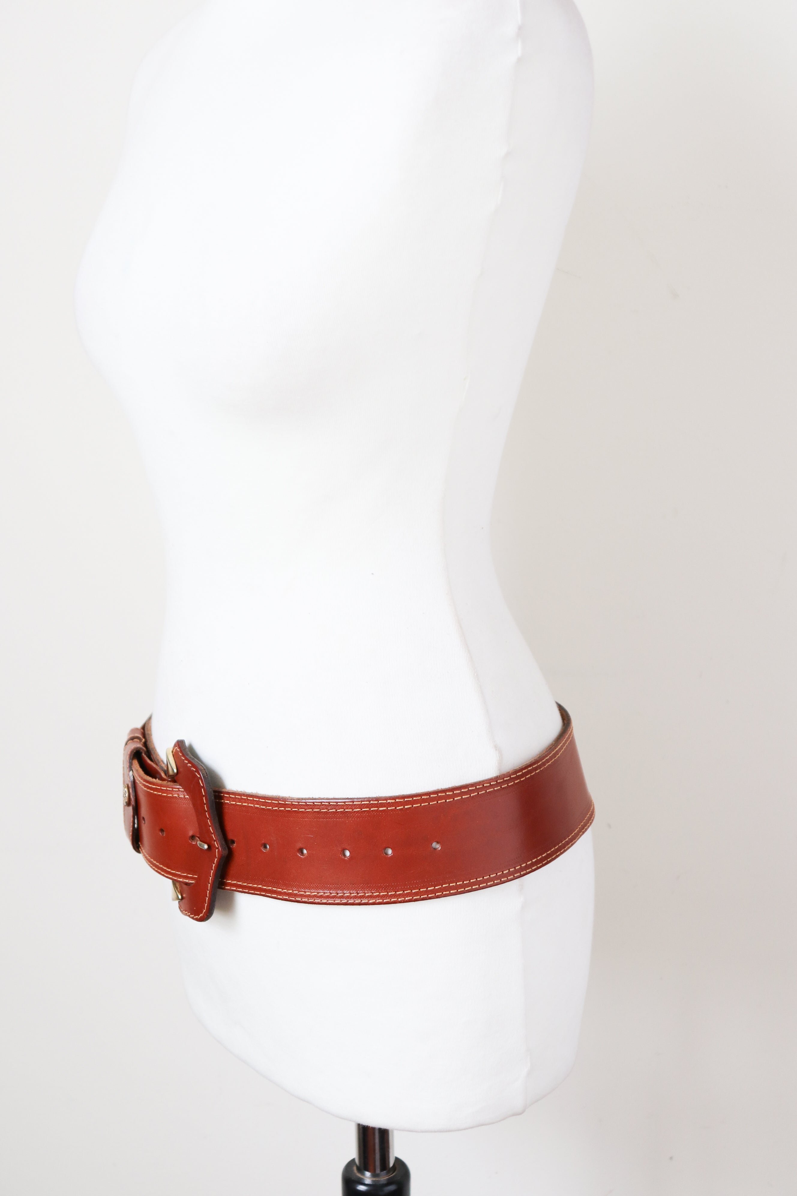 Wide Tan Leather  Vintage Belt - Brown - Waist / Hip - M / L