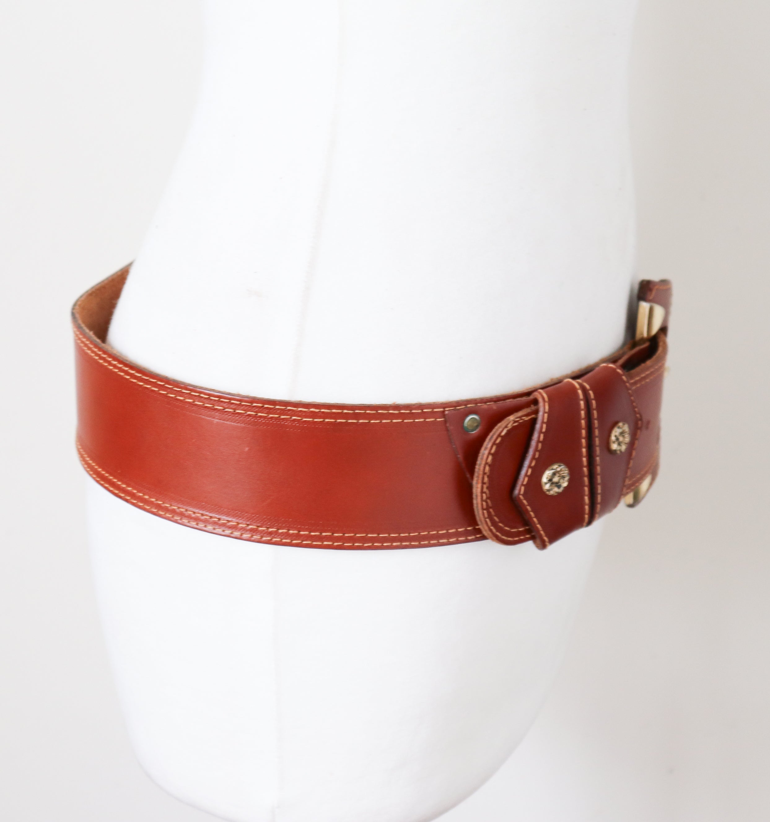 Wide Tan Leather  Vintage Belt - Brown - Waist / Hip - M / L