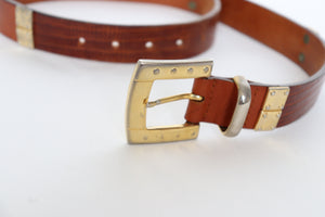 Tan brown vintage leather belt - 1990s Gilt metal trims - XS / S
