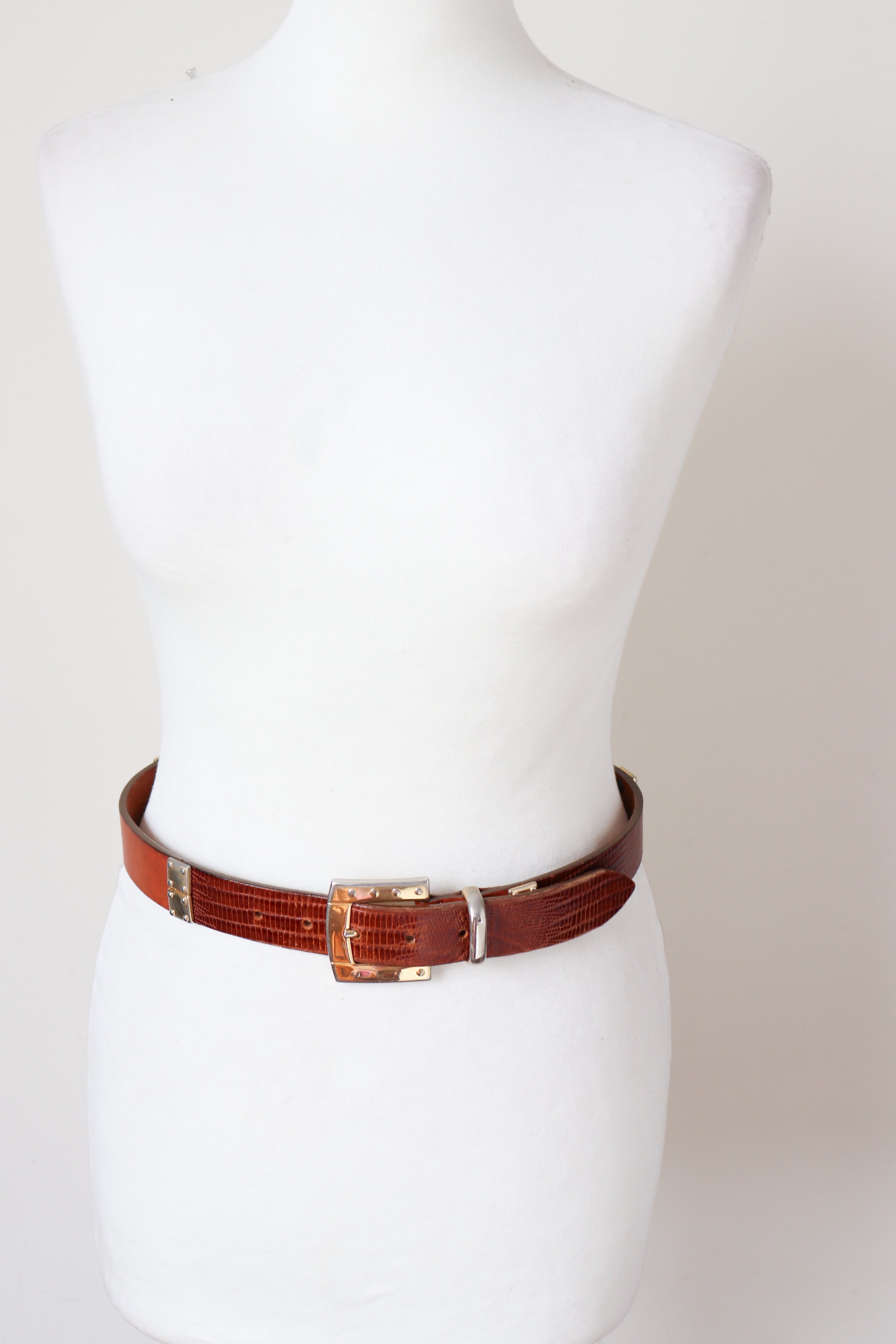 Tan brown vintage leather belt - 1990s Gilt metal trims - XS / S
