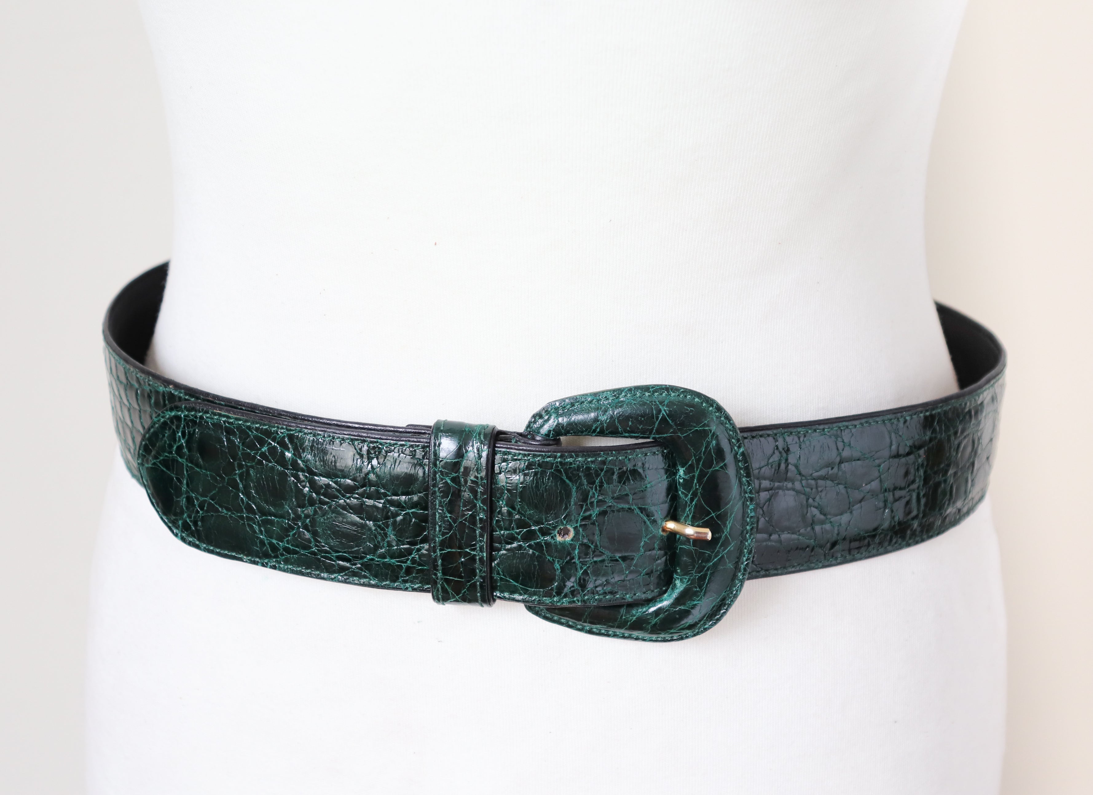Wide Genuine Crocodile Skin Belt - Vintage - Women's - Dark Green - Small