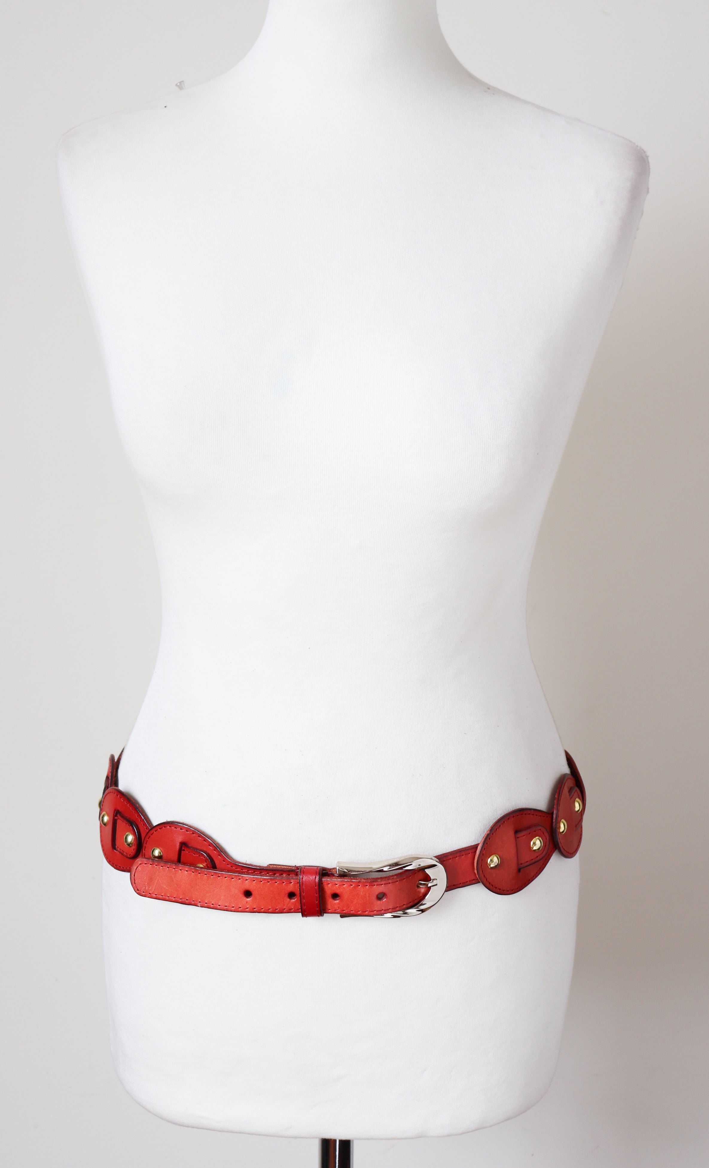 Leather Loop Belt - Vintage Boho - Red Tan Brown  Leather - M / L