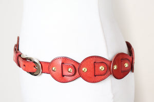 Leather Loop Belt - Vintage Boho - Red Tan Brown  Leather - M / L