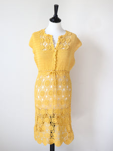 Crochet Knit Vintage Dress - Yellow - Fit S / UK 10