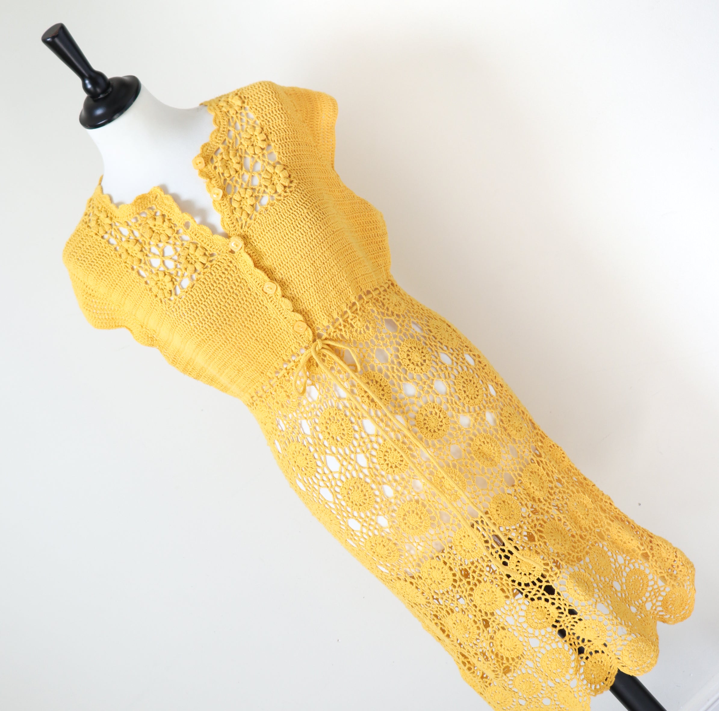 Crochet Knit Vintage Dress - Yellow - Fit S / UK 10