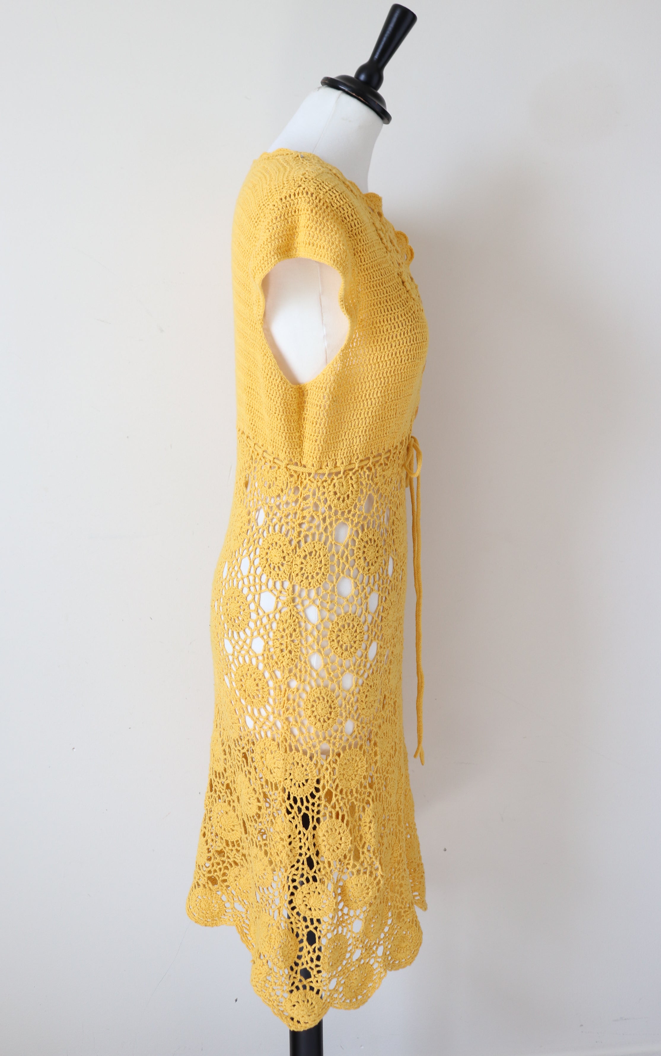 Crochet Knit Vintage Dress - Yellow - Fit S / UK 10