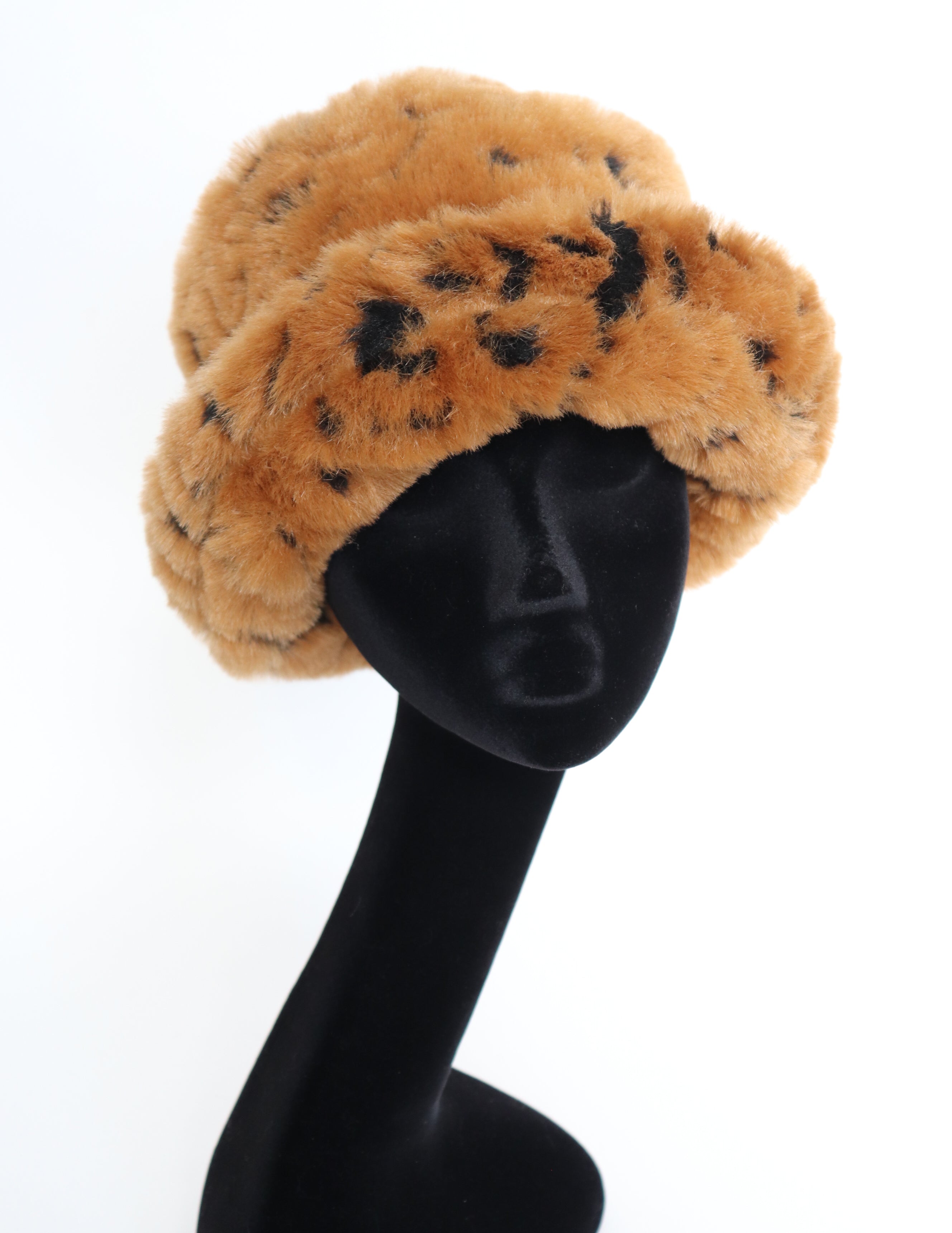 Vintage Faux Fur Winter Roller Brim Hat - Brown Animal Print - Large
