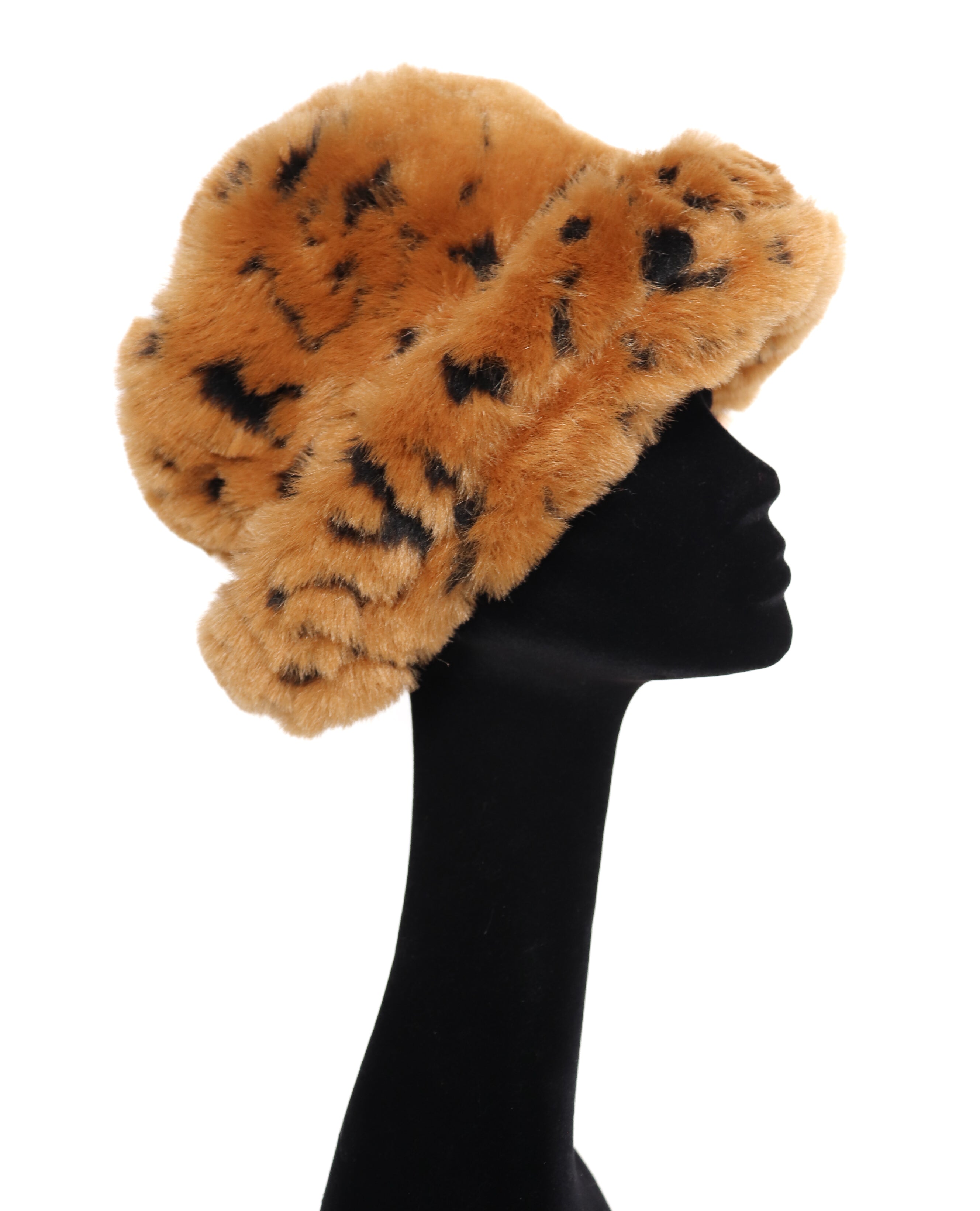 Vintage Faux Fur Winter Roller Brim Hat - Brown Animal Print - Large