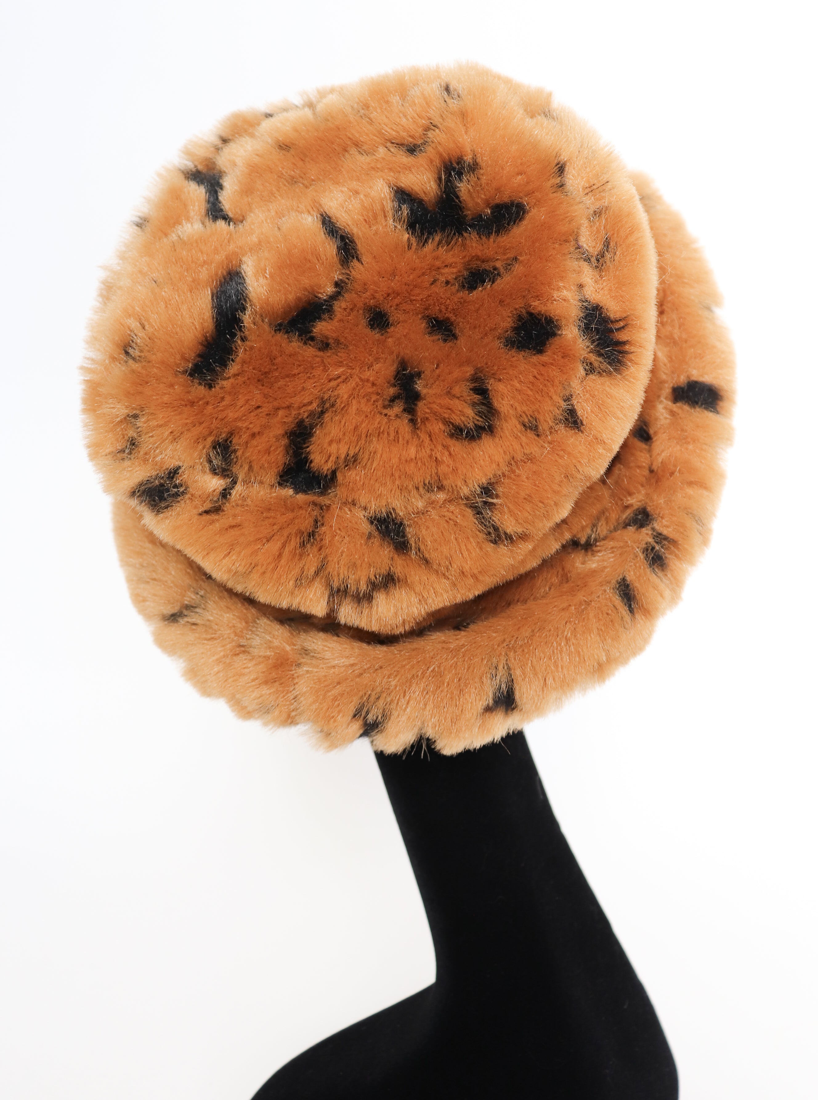 Vintage Faux Fur Winter Roller Brim Hat - Brown Animal Print - Large
