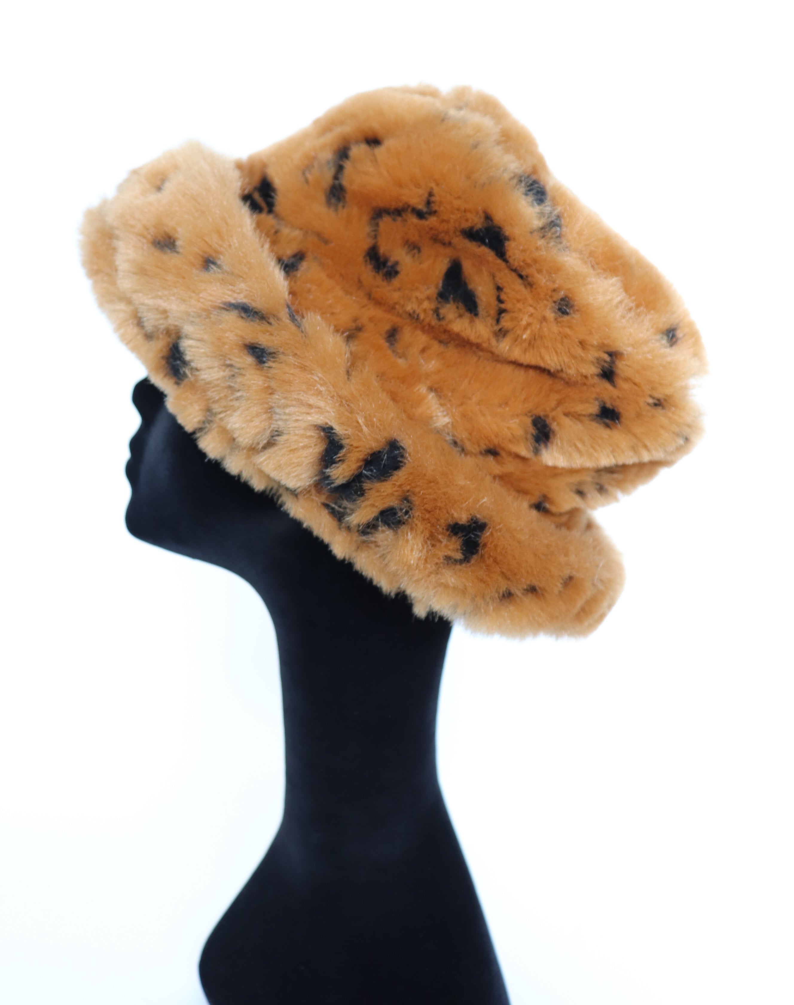 Vintage Faux Fur Winter Roller Brim Hat - Brown Animal Print - Large