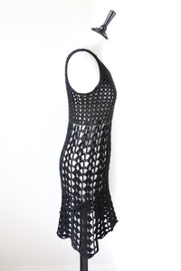 Crochet Knit Vintage Mini Dress - Black - Empire waist - Fit S / UK 10