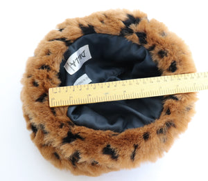 Vintage Faux Fur Winter Roller Brim Hat - Brown Animal Print - Large