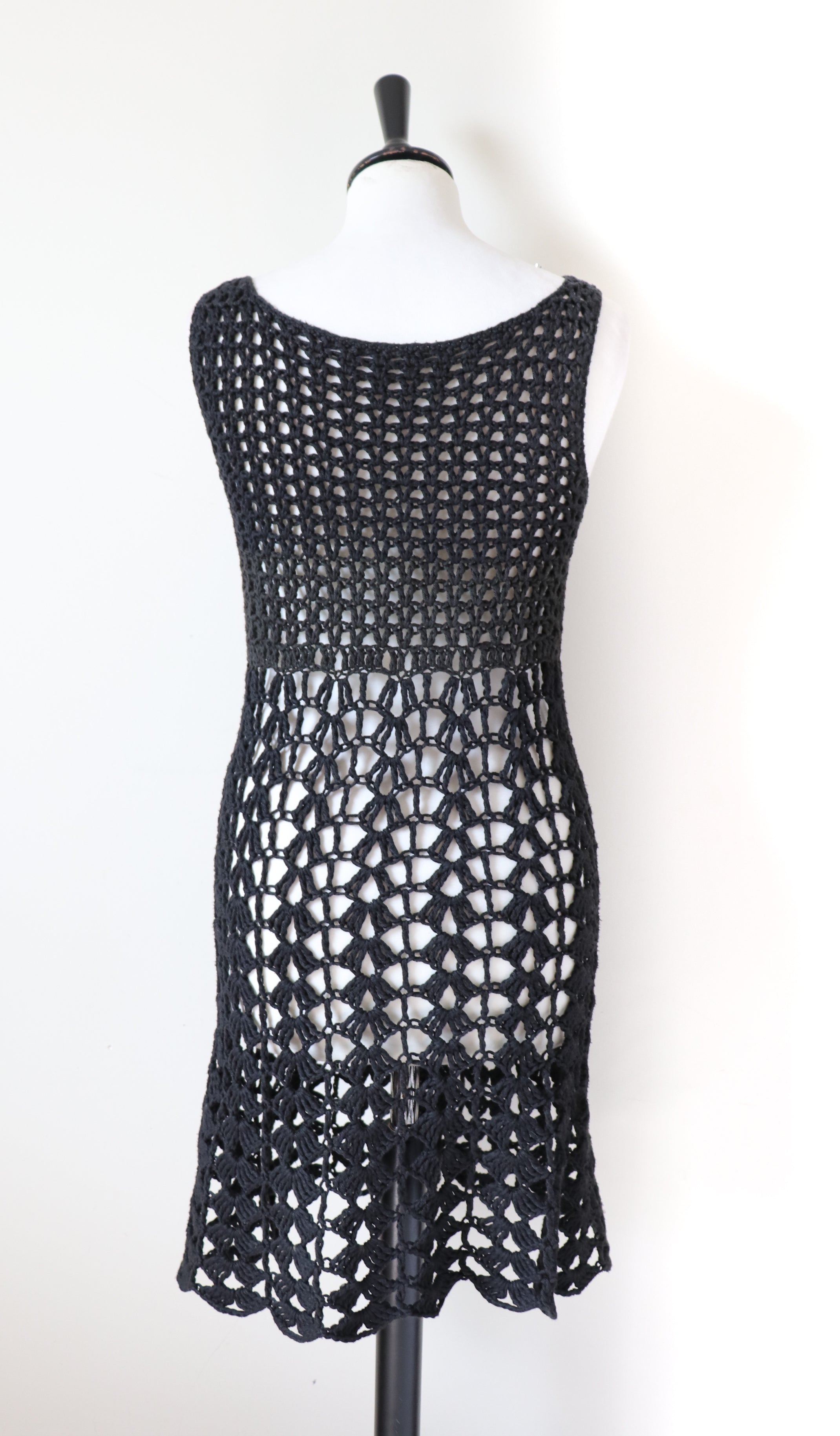 Crochet Knit Vintage Mini Dress - Black - Empire waist - Fit S / UK 10