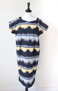 Cotton Summer Dress - Black / Grey / Yellow Stripe - Fit S / M - UK 10 / 12