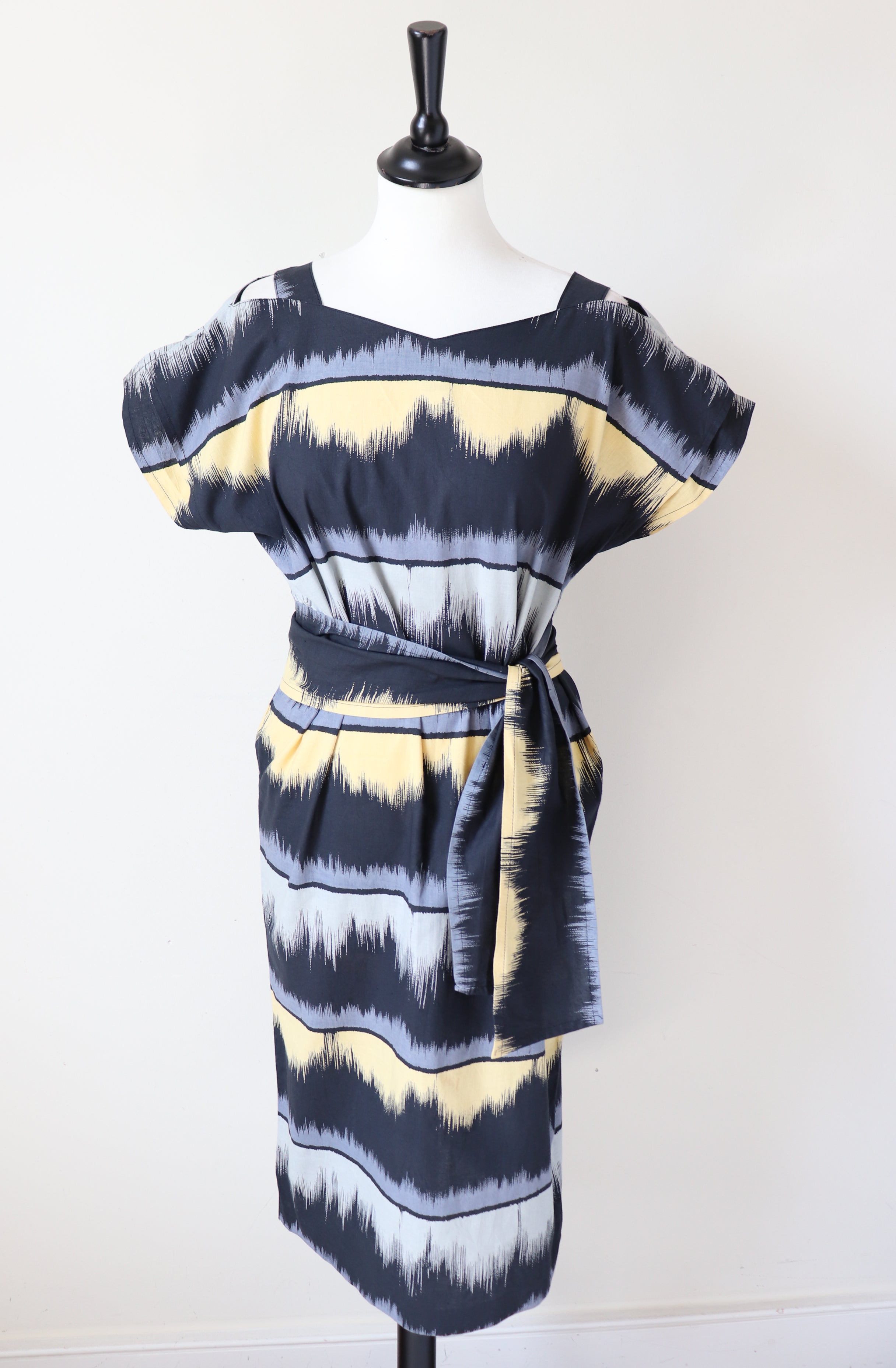 Cotton Summer Dress - Black / Grey / Yellow Stripe - Fit S / M - UK 10 / 12