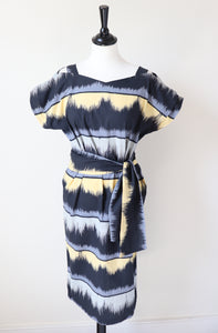 Cotton Summer Dress - Black / Grey / Yellow Stripe - Fit S / M - UK 10 / 12