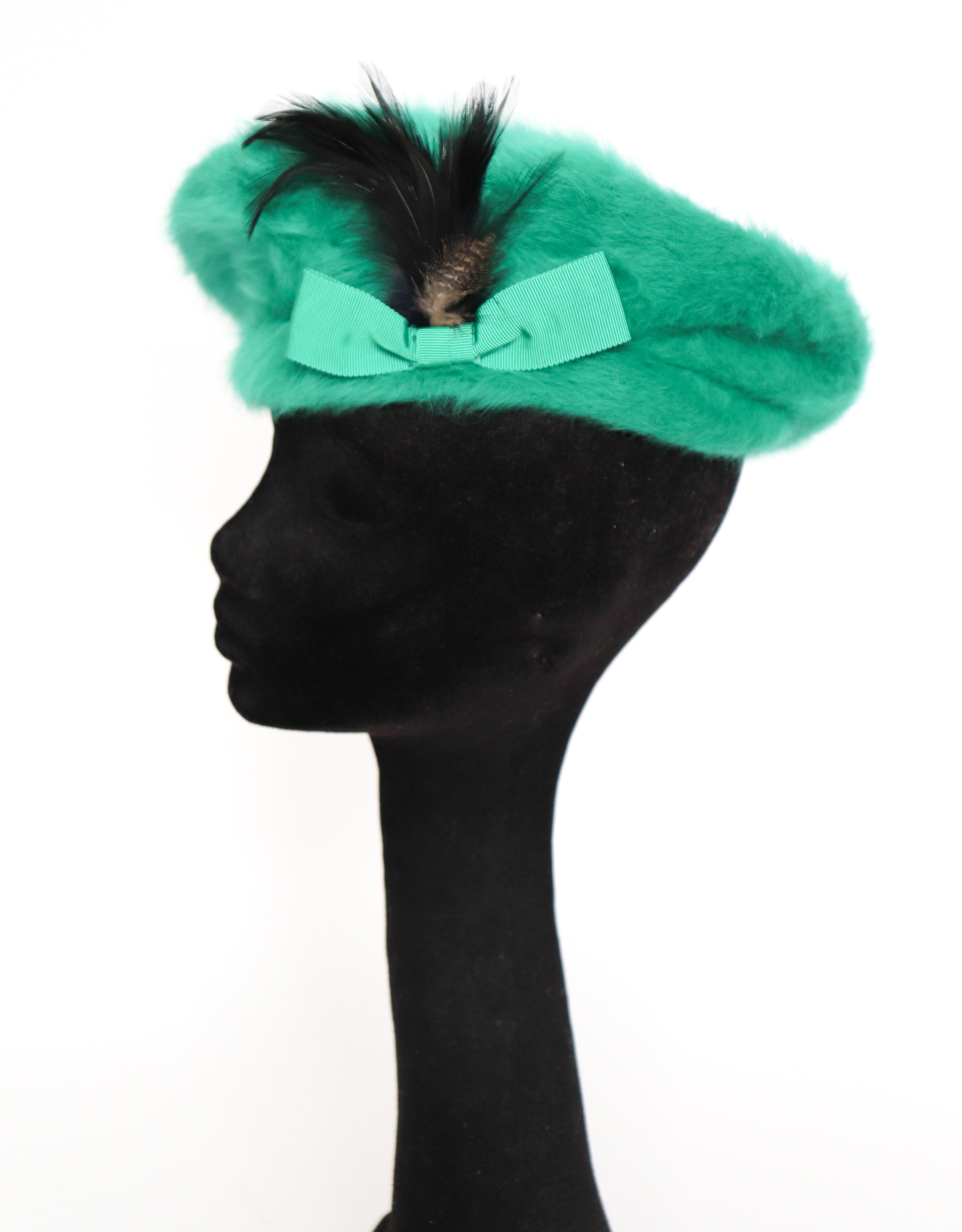 Vintage Kangol  Green Hat / Beret  - Angora / Feathers- Made in England  - M / L