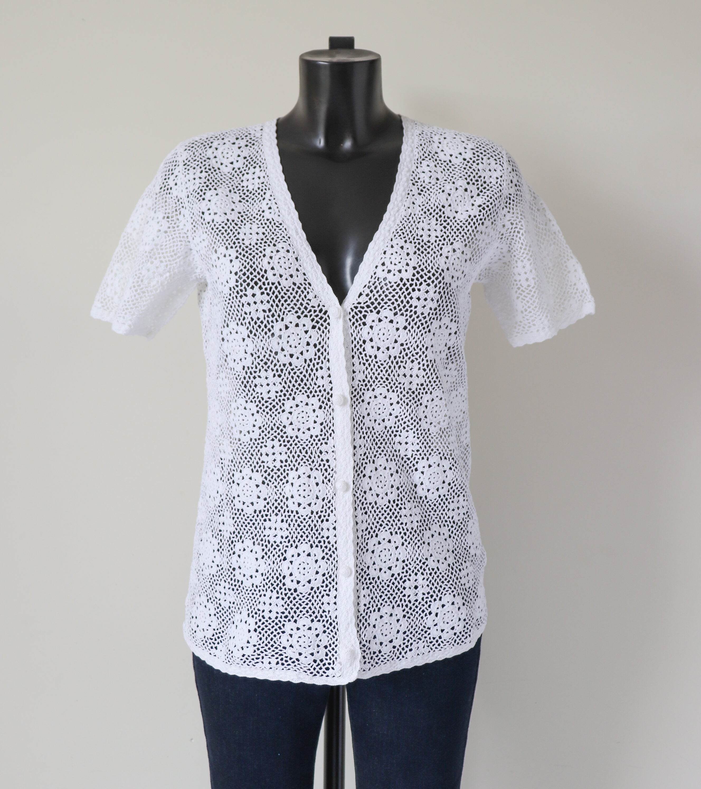 Crochet / Macrame Top - Vintage - Ivory White Cotton Knit - M / UK 12