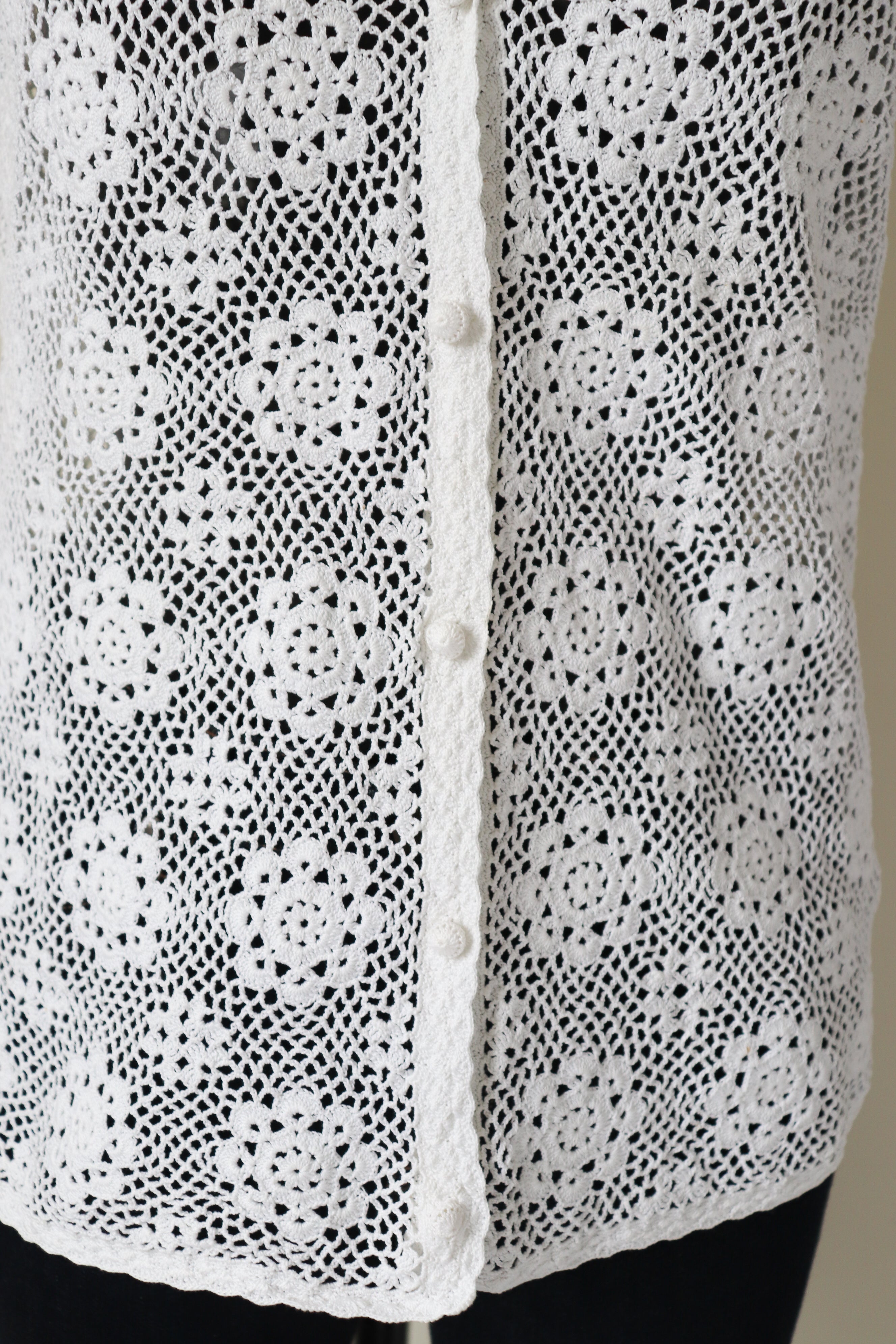 Crochet / Macrame Top - Vintage - Ivory White Cotton Knit - M / UK 12