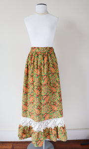 Vintage Maxi-Skirt - 1970s Green / Yellow Paisley  Cotton -XXS / XS - UK 6 / 8