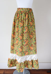 Vintage Maxi-Skirt - 1970s Green / Yellow Paisley  Cotton -XXS / XS - UK 6 / 8