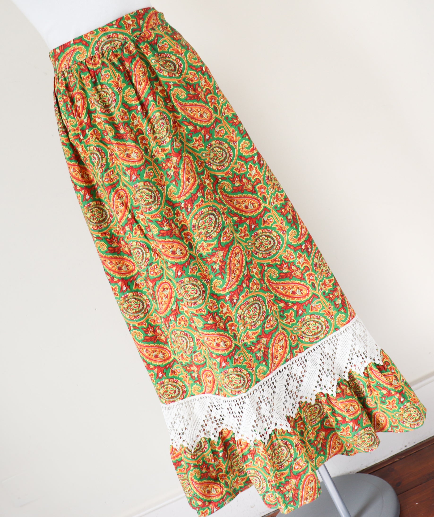 Vintage Maxi-Skirt - 1970s Green / Yellow Paisley  Cotton -XXS / XS - UK 6 / 8