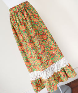 Vintage Maxi-Skirt - 1970s Green / Yellow Paisley  Cotton -XXS / XS - UK 6 / 8