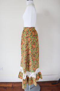 Vintage Maxi-Skirt - 1970s Green / Yellow Paisley  Cotton -XXS / XS - UK 6 / 8