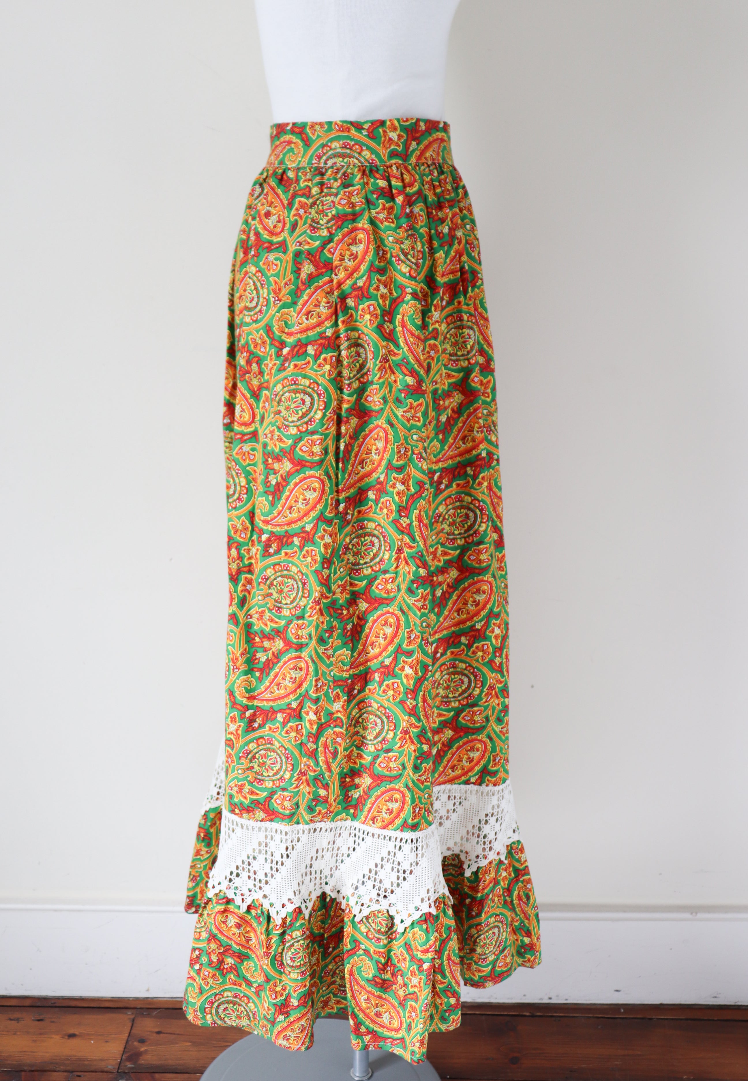 Vintage Maxi-Skirt - 1970s Green / Yellow Paisley  Cotton -XXS / XS - UK 6 / 8