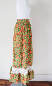 Vintage Maxi-Skirt - 1970s Green / Yellow Paisley  Cotton -XXS / XS - UK 6 / 8