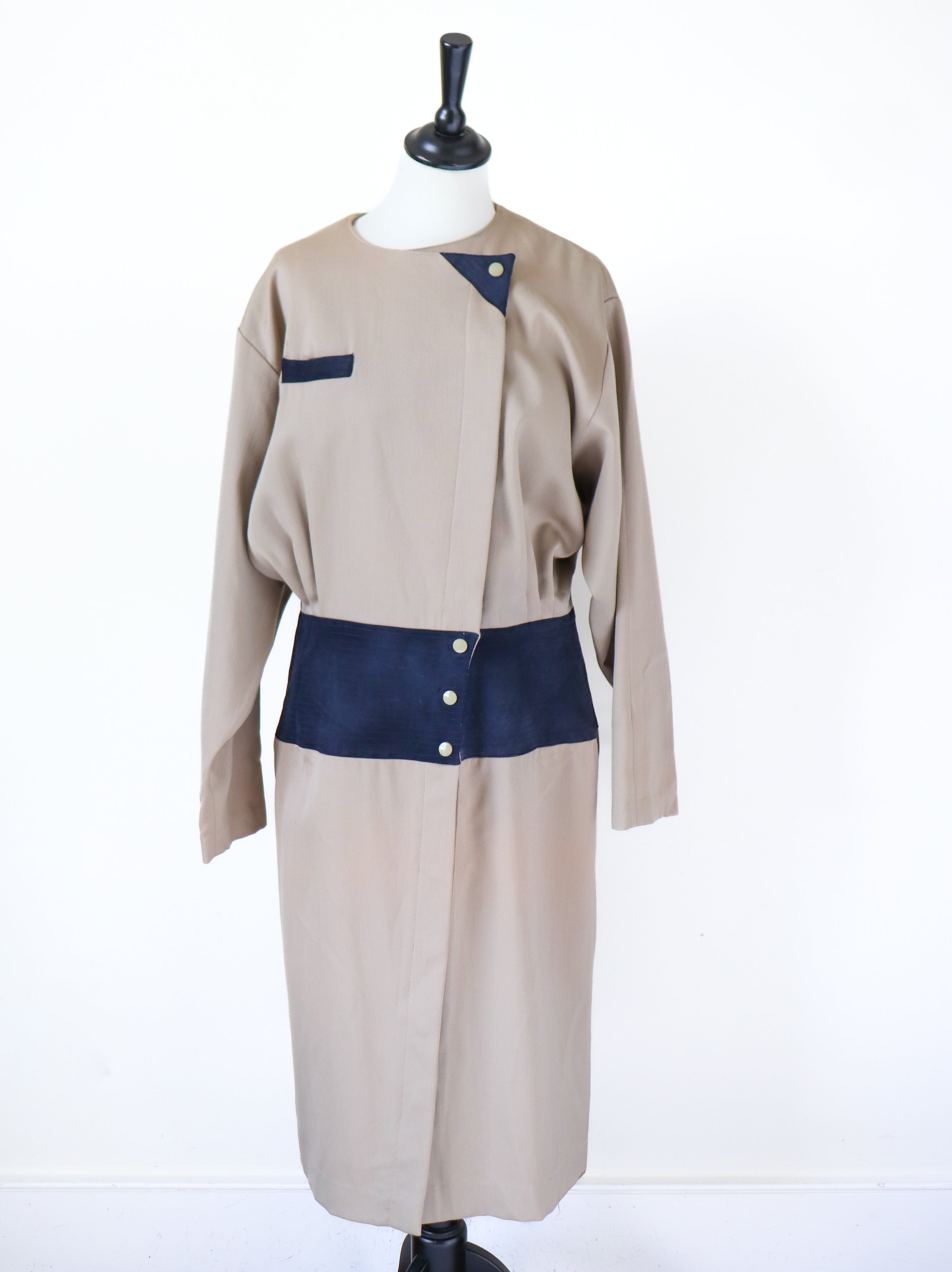 Claude Rap Wool Vintage Dress - Beige / Blue - 1980s / 1920s - Fit M / UK 12