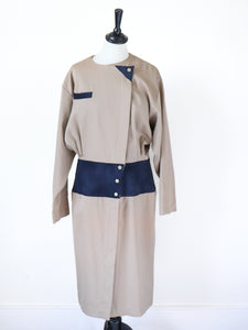 Claude Rap Wool Vintage Dress - Beige / Blue - 1980s / 1920s - Fit M / UK 12