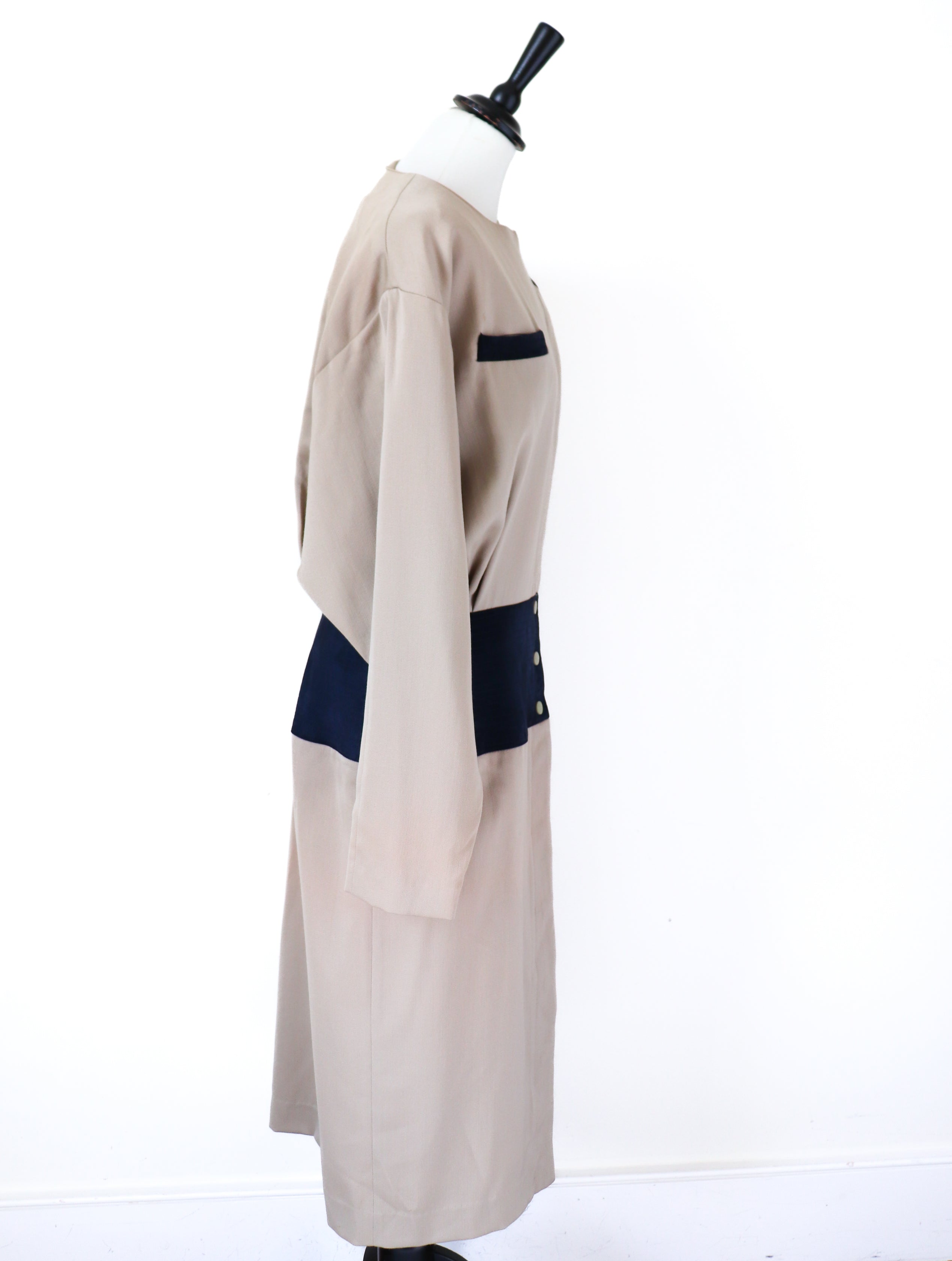Claude Rap Wool Vintage Dress - Beige / Blue - 1980s / 1920s - Fit M / UK 12
