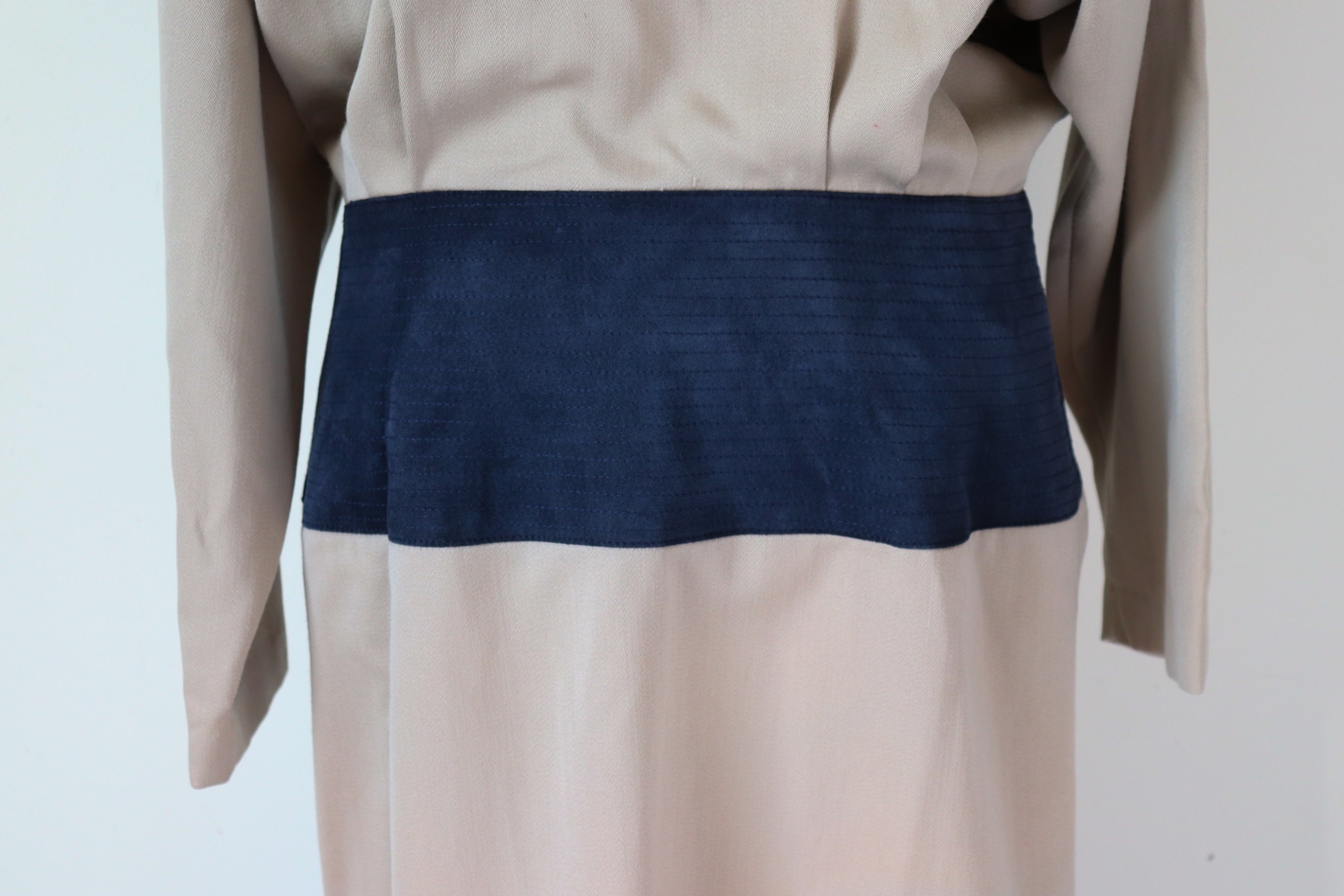 Claude Rap Wool Vintage Dress - Beige / Blue - 1980s / 1920s - Fit M / UK 12