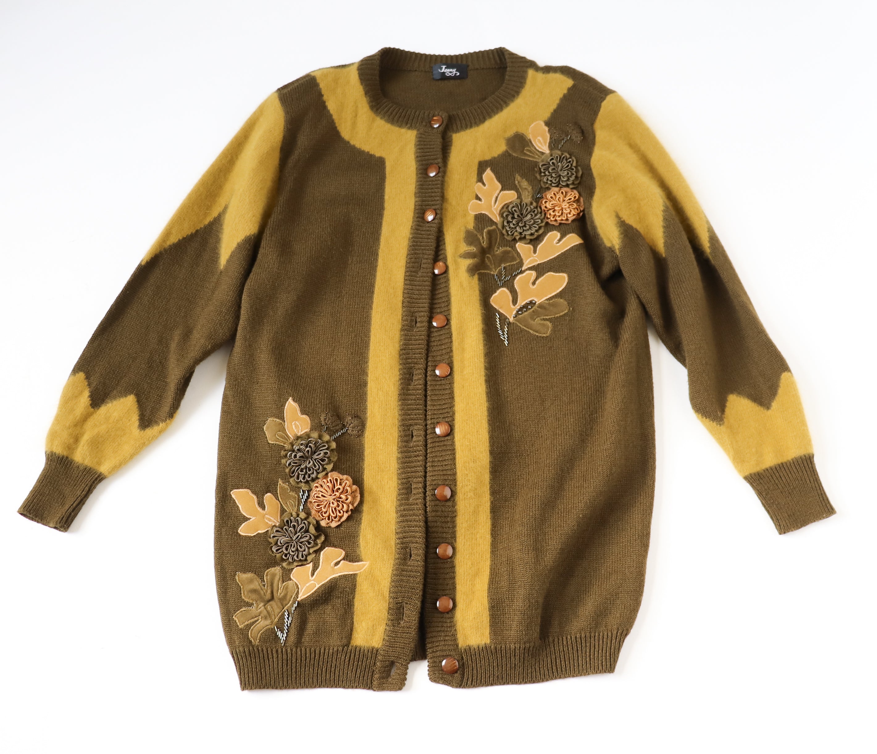 Vintage Long Cardigan - Jenny - 1990s - Applique - Khaki Brown - M /  UK 12
