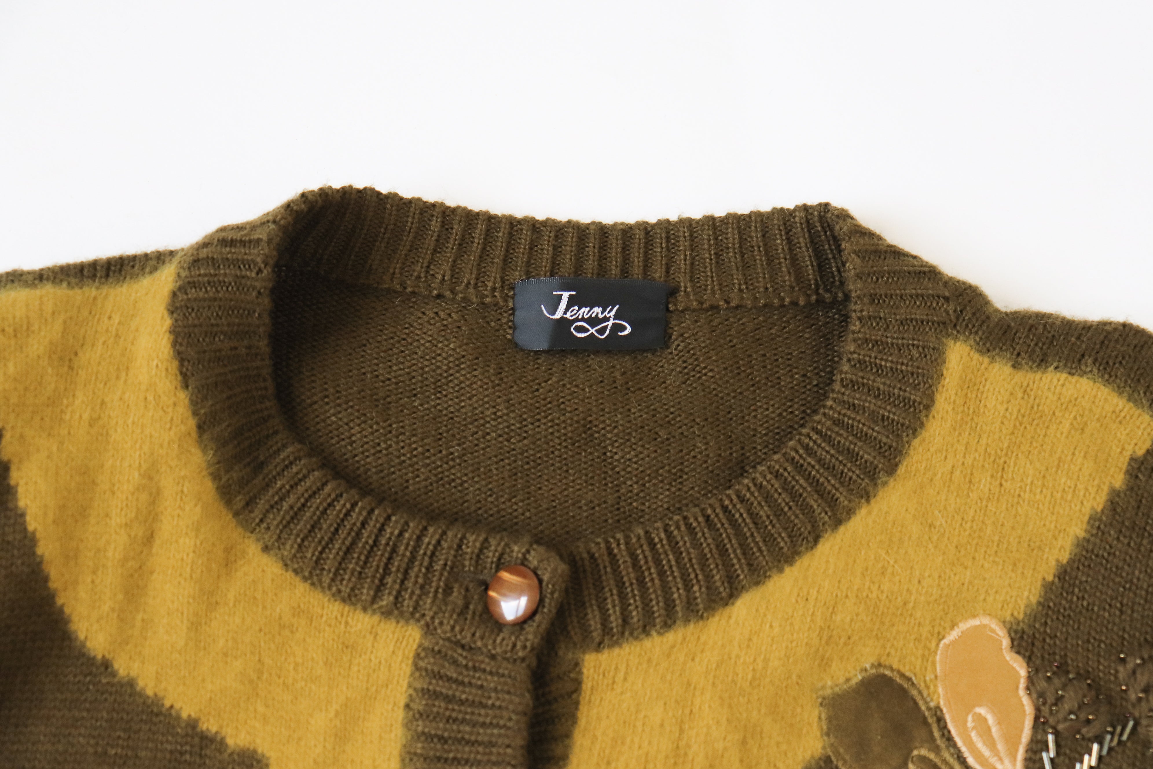 Vintage Long Cardigan - Jenny - 1990s - Applique - Khaki Brown - M /  UK 12
