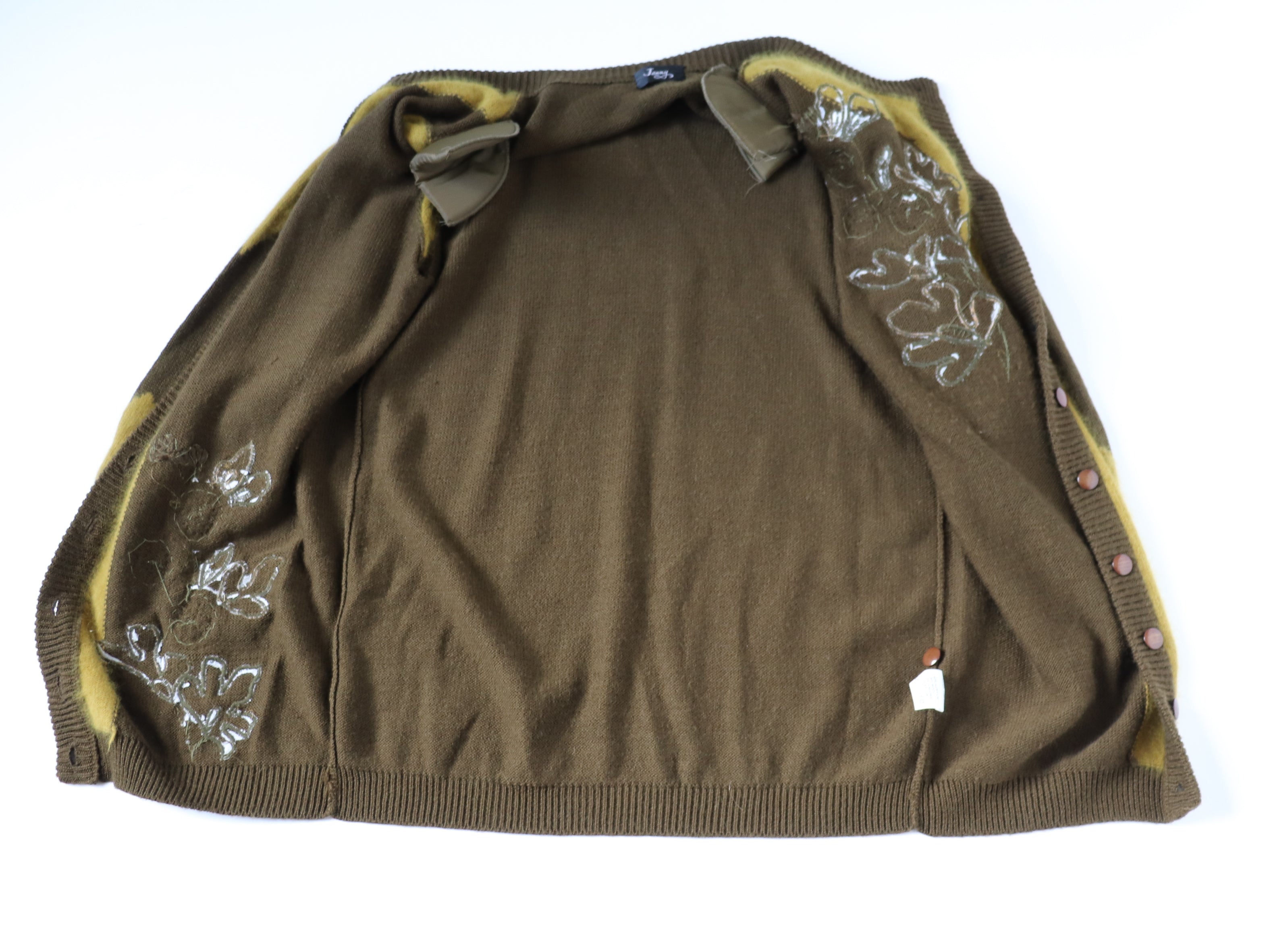 Vintage Long Cardigan - Jenny - 1990s - Applique - Khaki Brown - M /  UK 12