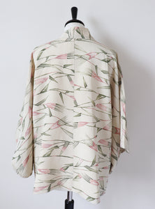 Japanese Handmade Silk Kimono - Cream  / Leaf Print - Fit S / M - UK 10 / 12