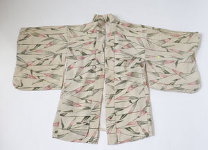 Japanese Handmade Silk Kimono - Cream  / Leaf Print - Fit S / M - UK 10 / 12